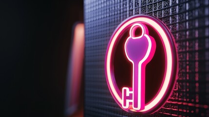 Wall Mural - neon key symbol illuminated against a textured wall, suggesting security and access control
