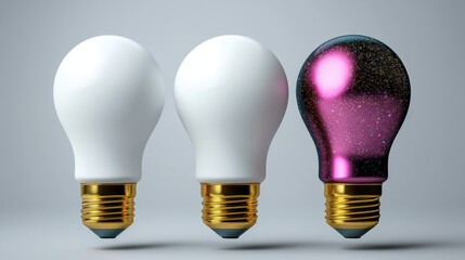Wall Mural - three light bulbs displayed on a neutral background, showcasing different designs and colors