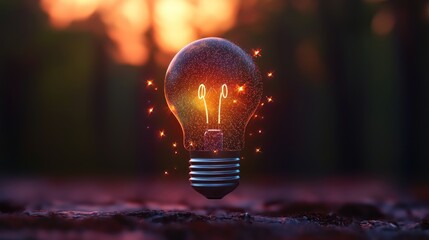Wall Mural - glowing light bulb surrounded by a mystical forest at sunset, casting warm reflections
