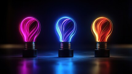 Wall Mural - three vibrant neon light bulbs in various colors glowing against a dark background, creating a moder