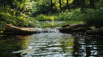 Poster - Serene Stream Flowing Through Lush Green Forest Surrounded by Tranquility and Nature : Generative AI