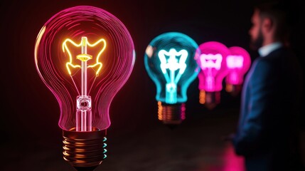 Wall Mural - a businessman stands in a dimly lit space, observing vibrant neon light bulbs illuminating the backg