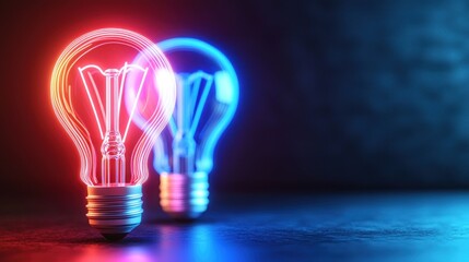 Wall Mural - two glowing light bulbs in red and blue hues on a dark surface with a textured background