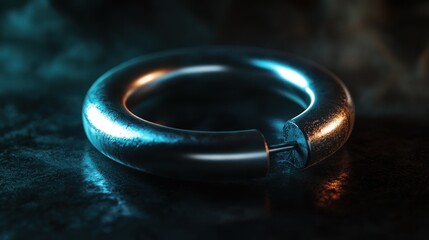 Wall Mural - a reflective metallic ring resting on a textured surface, illuminated by soft blue and orange light