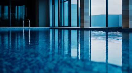 Poster - Elegant indoor swimming pool with large windows and crystal clear water reflection : Generative AI