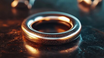 Wall Mural - a close-up view of a shiny metallic ring on a textured surface with blurred background elements
