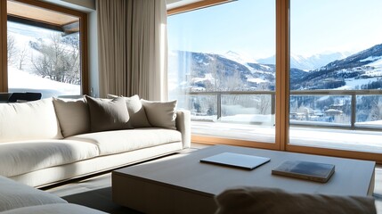 Aufkleber - Cozy Modern Living Room with Panoramic View of Snowy Mountains : Generative AI