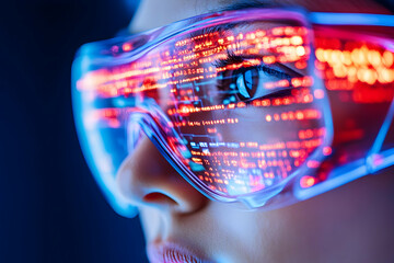 Woman wearing futuristic glasses, code reflection, dark background, tech concept