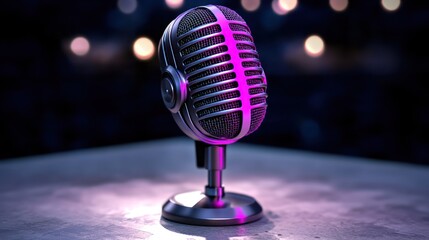 Wall Mural - vintage microphone on a stage with soft bokeh lights in the background, creating an inviting atmosph