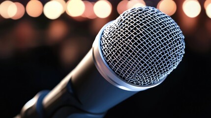 Wall Mural - close-up of a microphone against a blurred background of soft lights during a performance