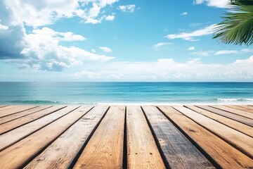 Wall Mural - old wood table top on blurred beach background with coconut leaf. relax in holiday. summer