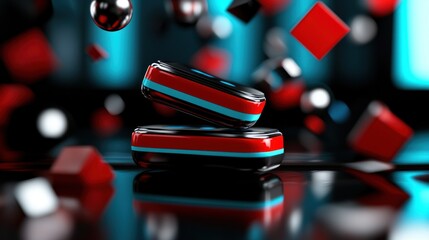 Wall Mural - vibrant abstract scene featuring floating geometric shapes and two stacked red and black boxes