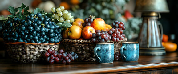 Wall Mural - Autumn Fruit Display in Baskets and Cups