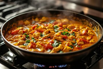 Wall Mural - Chicken tikka masala cooking in pan on gas stove