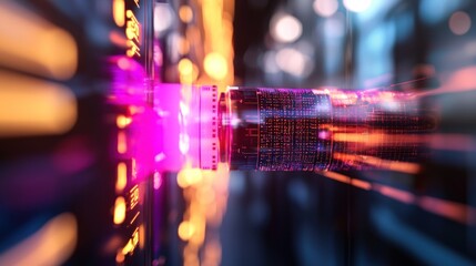 Wall Mural - abstract close-up of a glowing data cable connecting to a server, with vibrant lights in the backgro