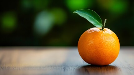 Aufkleber - Fresh Orange with Glossy Surface and Leaf on Wooden Table : Generative AI
