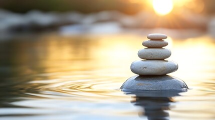 Aufkleber - Peaceful Stack of Stones on Water Surface Reflecting Warm Sunset Glow for Mindfulness : Generative AI