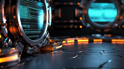 Wall Mural - Futuristic technology environment with glowing circular interfaces and intricate floor design
