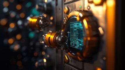 Wall Mural - close-up of a futuristic control panel featuring intricate dials and glowing screens