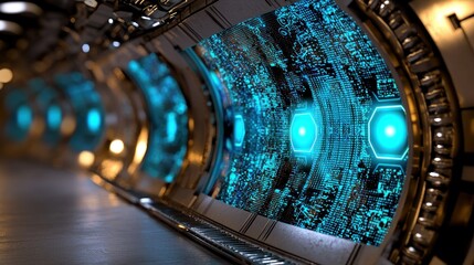 Wall Mural - Futuristic corridor with glowing blue technology panels, showcasing advanced machinery and design