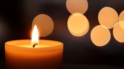 Aufkleber - Elegant Candle Burning with Bokeh Lights Creating a Warm Relaxing Atmosphere : Generative AI