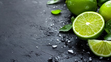 Aufkleber - Freshly Cut Green Limes with Sea Salt and Dark Surface Background for Cooking or Cocktail Recipes : Generative AI