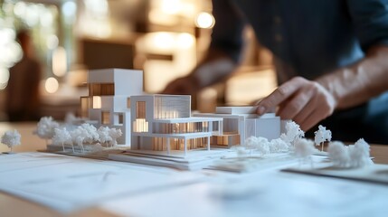 Architectural model being crafted by a designer in a bright studio with blurred background elements