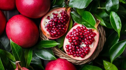 Poster - Freshly Cut Pomegranate with Red Seeds and Green Leaves on Dark Background : Generative AI