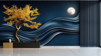 Wall Mural - A serene interior scene featuring a golden tree against a blue wall with flowing waves and a moon