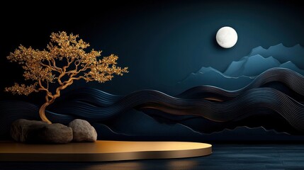 Wall Mural - Serene night landscape with a golden tree and moonlight illuminating flowing waves