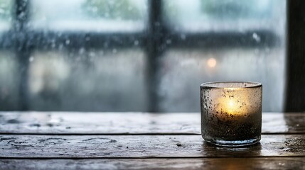 Aufkleber - A cozy candle in a glass holder glowing softly on a rainy window background : Generative AI
