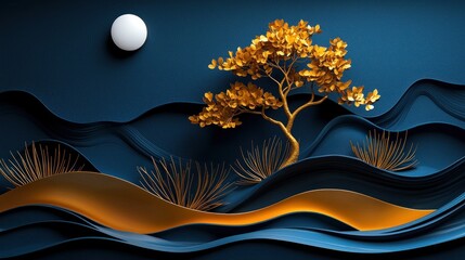 Wall Mural - A serene landscape featuring a solitary golden tree against a dark blue backdrop with a full moon