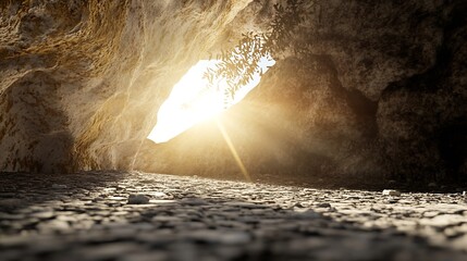 Aufkleber - Cave Entrance Illuminated by Sunlight Captured from the Ground Perspective : Generative AI