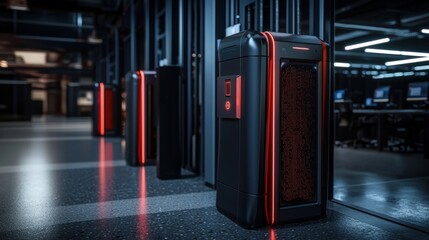 Wall Mural - futuristic server room featuring sleek black and red technology with glowing elements
