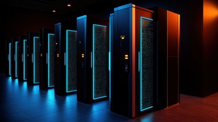 Wall Mural - futuristic data center with illuminated server racks in a dark environment showcasing technology