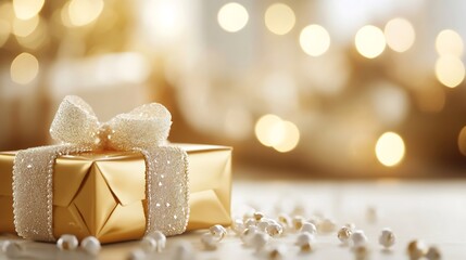 Poster - Glamorous Gift Box with Gold Wrapping and Bokeh Background Creating Holiday Spirit : Generative AI