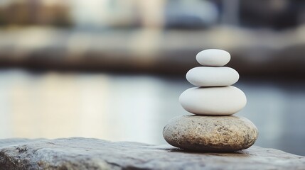 Aufkleber - Balanced Stones Stacked Neatly on a Rock Surface by a Calm Body of Water Symbolizing Serenity : Generative AI