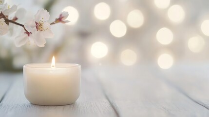 Aufkleber - Delicate Aroma Candle Surrounded by Blossoms and Soft Bokeh Background : Generative AI