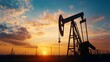 © Generative AI - Silhouette of oil pump jack at sunset against vibrant clouds and colorful sky : Generative AI