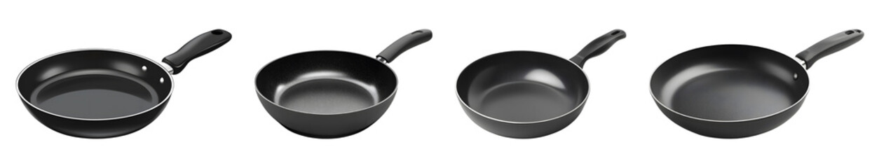 Black frying pan with handle isolated on transparent background.