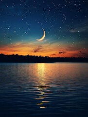 Poster - Magical Night Sky with Crescent Moon and Sparkling Stars Over Calm Water : Generative AI