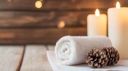 Aufkleber - Spa Setup with Rolled Towel Candles and Pinecones Creating a Relaxing Atmosphere : Generative AI
