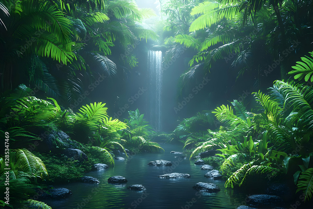 Lush Green Jungle Scene with a Flowing River in Pixelated Style with ...