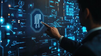 Futuristic Technology Interface: A Businessman Interacts with a Holographic Digital Display Showing Advanced Circuitry and Data Streams