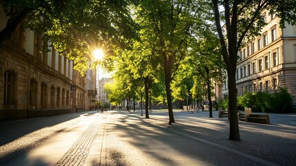 Poster - Stunning Sunset in a Serene Tree Lined Street with Golden Light Casting Shadows : Generative AI