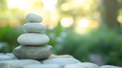 Poster - Stacked River Stones in a Peaceful Zen Garden Setting Focused on Tranquility : Generative AI