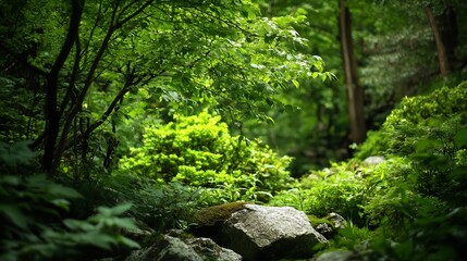 Aufkleber - Peaceful Verdant Forest Scene with Lush Greenery and Sunlight Filtering Through the Trees : Generative AI