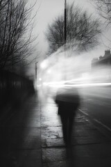 Aufkleber - Mysterious blurred figure walking on a foggy street in black and white creating an artistic mood : Generative AI