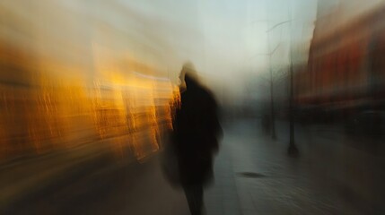 Fototapete - Mysterious Silhouette Walking in a Blurred Golden Sunset Background in Urban Environment : Generative AI