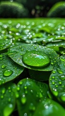 Canvas Print - Lush Green Leaves Covered in Water Droplets after Rain Showcasing the Beauty of Nature in Macro Photography with Soft Lighting